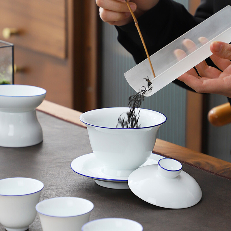 不单典雅靛白盖碗个人泡茶杯陶瓷简约蓝线大号三才碗功夫茶具茶碗