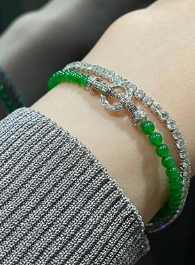 高端缅甸翡翠色正阳绿小米珠冰种干青手链简约百搭翠绿色圆珠手串
