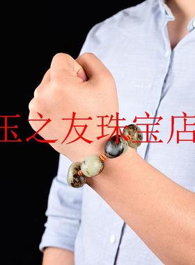 石来运转精品新疆和田玉黑皮籽料原石原皮手链男女款随型手串送礼