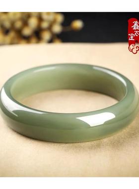 新疆和田玉且末蓝青玉湖水绿手镯女款冰种正圈贵妃玉手镯时尚百搭
