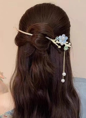 花朵发簪高级中式盘发发钗汉服头饰旗袍簪子古风流苏步摇盘发簪女