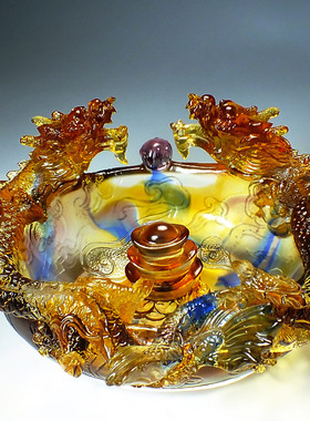 乔迁新居礼品大气高档入宅琉璃聚宝盆客厅鱼缸龙摆件招财水晶奢华