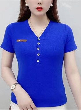 2024新款夏潮设l计感小众V领T恤显瘦短袖大码上衣短款女装修身t恤