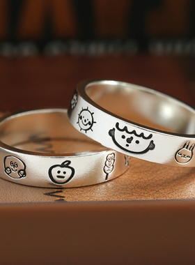 涂鸦戒指定制刻字999纯银手工情侣对戒女生可爱卡通个性手绘指环