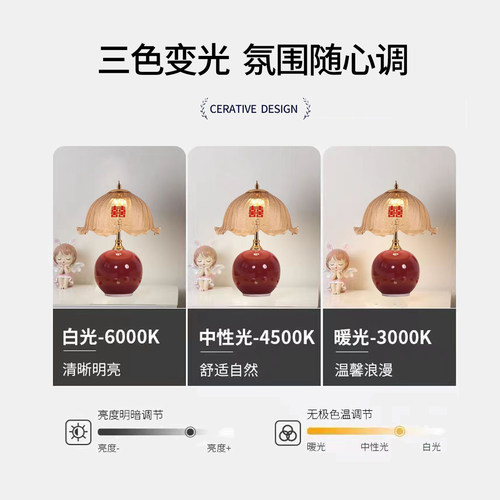 新婚长明灯一对床头灯卧室红色喜庆结婚台灯陪嫁礼物礼品送新娘 - 图2