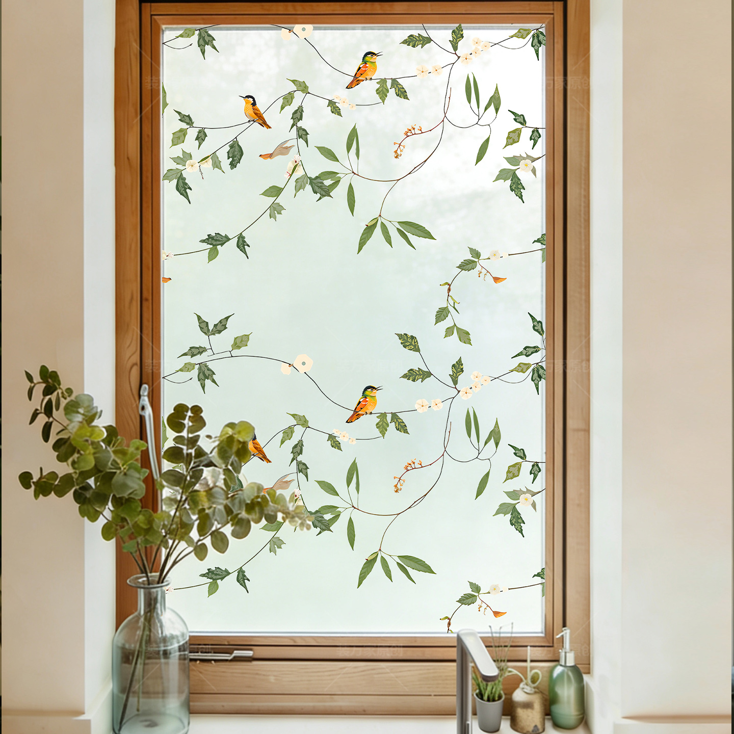 装万家防窥膜卫生间浴室窗户玻璃贴纸法式中式复古花鸟磨砂静电贴 - 图1