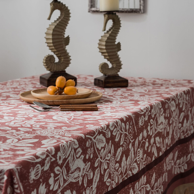 植物花鸟桌布美式乡村餐桌布仿棉麻布艺橘色印花长方形
