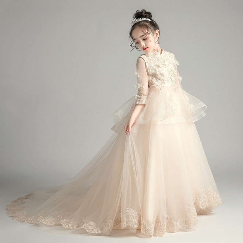 2024夏季新款儿童o拖尾晚礼服花童走秀蓬蓬纱女童钢琴演出服表演