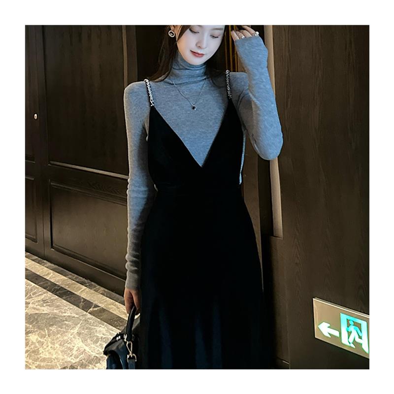 早秋清冷富家千金穿搭高端精致高级感重要场合丝绒吊带连衣裙套装 - 图3