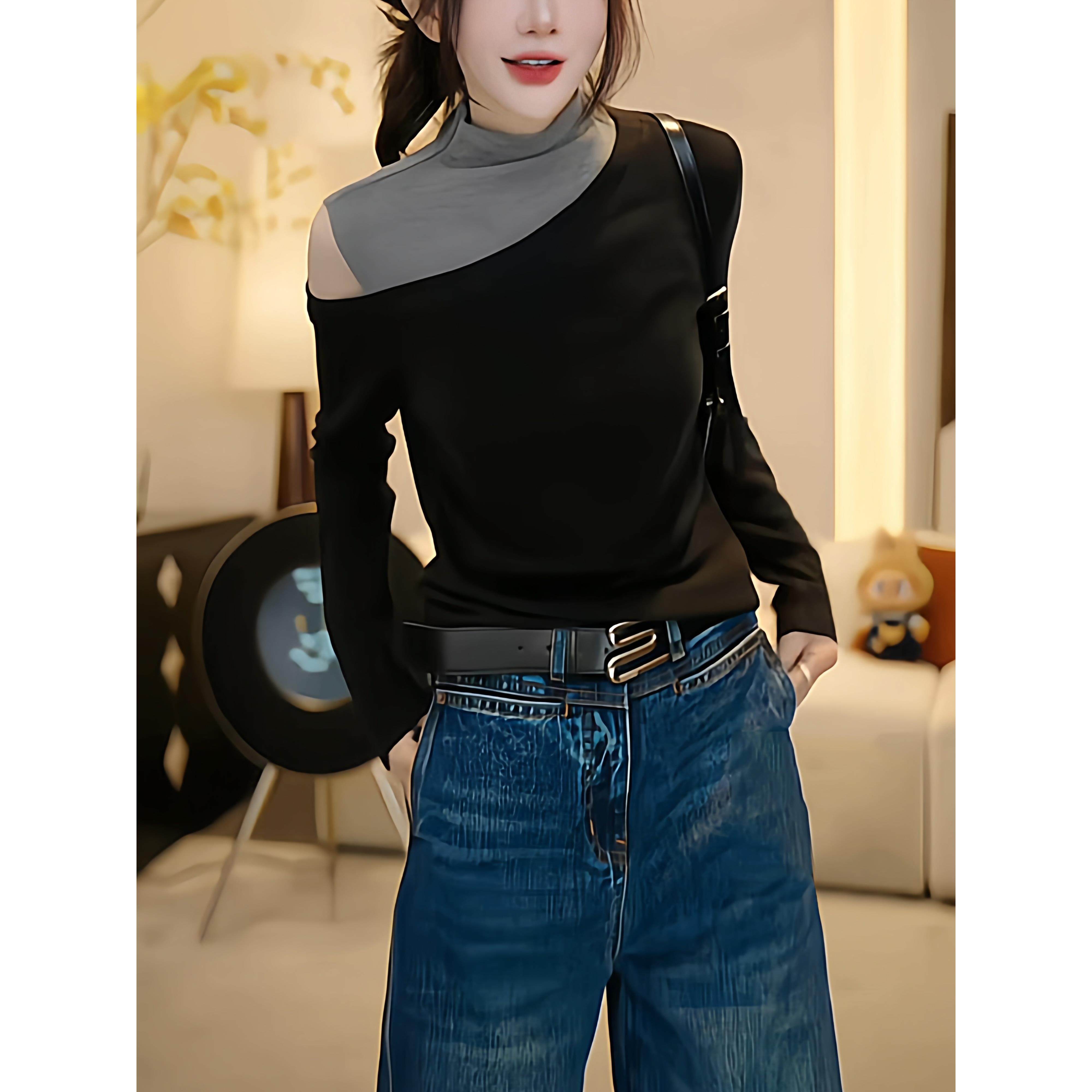 撞色拼接半高领长袖t恤打底衫女秋冬新款显瘦内搭露肩假两件上衣,淘宝优惠券,粉丝福利购,淘宝优惠卷