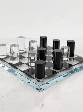 新中式几何圆柱水晶棋盘桌面摆件办公F室电视柜酒店客厅家居装饰