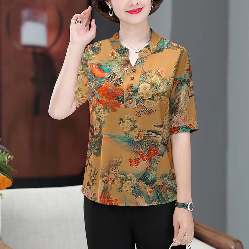 中老年妈妈2024新款短袖T恤女夏季印花百搭气质妈妈装宽松长袖女,淘宝优惠券,粉丝福利购,淘宝优惠卷