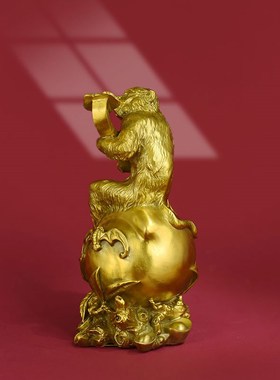 如意猴子摆件纯黄铜 十二生肖z元宝寿桃猴摆设 家居风水招财礼品