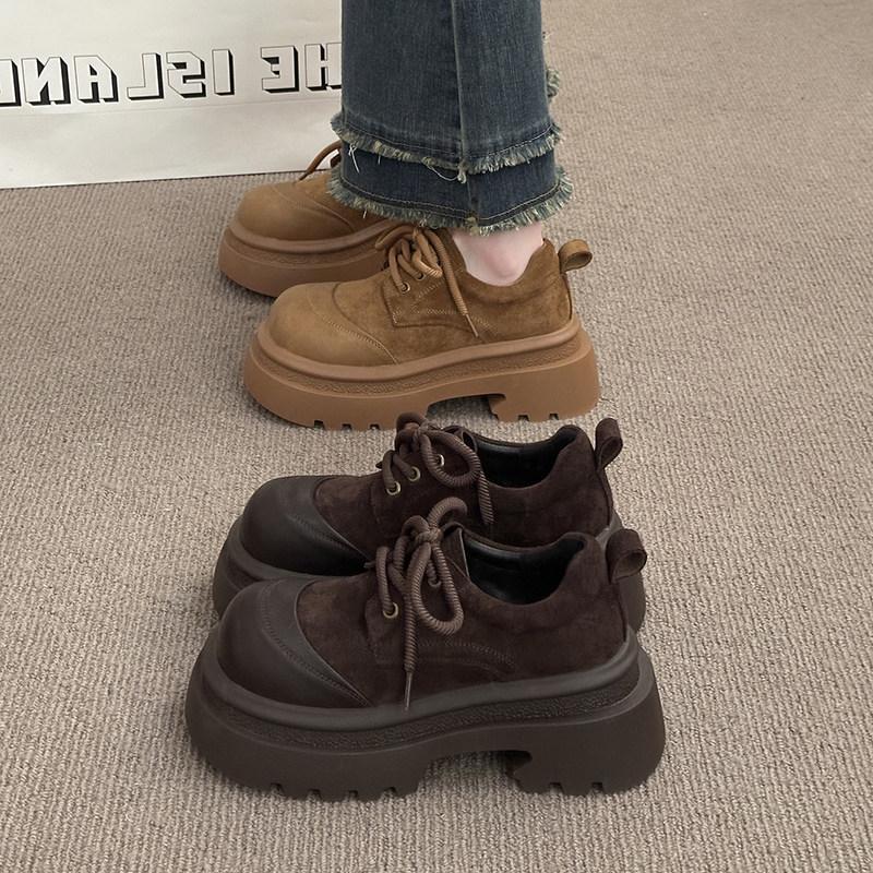 实拍现货磨砂皮英伦风厚底乐福鞋女系带圆头百搭增高鞋松糕鞋女