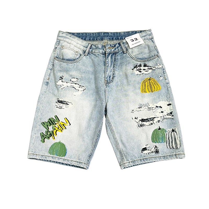 潮牌宽松直筒牛仔五分裤男个性南瓜印花青年潮流中裤夏季短裤男士 - 图3