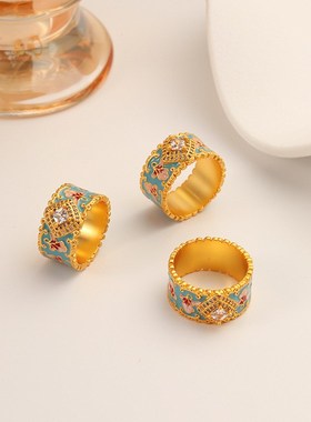 新中式时尚个性复古滴油锆石花朵戒指女小众高级轻奢简约气质指环