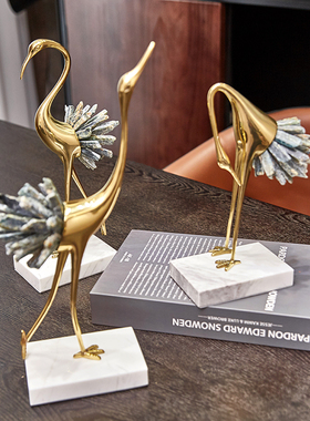 轻奢后现代晶石仙鹤摆件 新中式家居G客厅酒柜电视柜玄关软装饰品