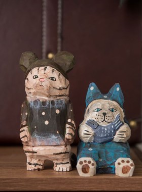 木雕创意猫咪摆件办公室桌面装饰品手工复古雕刻小摆设工艺品礼物