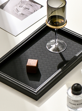 小西家复古风编织纹皮革木质长方环香薰托盘杂物收纳盘装饰摆盘