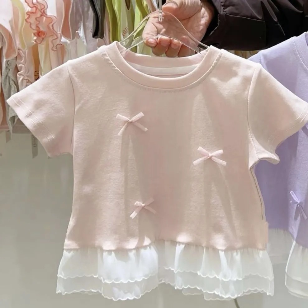 女童宝宝纯棉短袖t恤新款夏季女孩洋气蕾丝蝴蝶结弹力圆领上衣服,淘宝优惠券,粉丝福利购,淘宝优惠卷