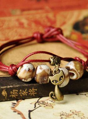 陶瓷编绳手链手串甜美陶瓷手链女民族风彩色瓷珠手链摆摊地摊货源