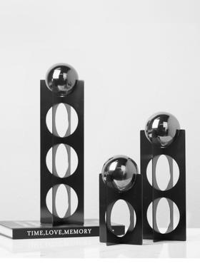 简约现代黑色金属几何支架装饰球摆件样板间客厅电视柜软装饰品