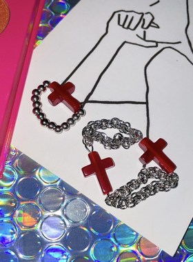 满月迷雾 2件套亚比暗黑红色十字形链条串珠戒S指套装 情侣指环