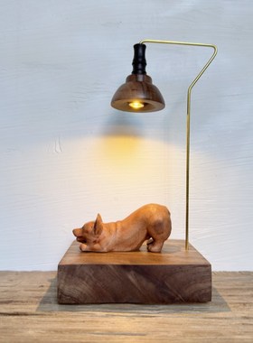 木雕狗狗柯基木质木制桌面创意礼品礼物原木风R实木小夜灯装饰摆