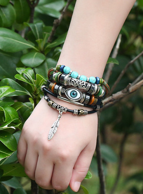 土耳其蓝眼睛 Evil Eye 恶魔之眼 串珠多层手链牛皮羽毛挂件手串