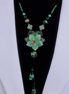 富贵瑶池绿色青莲毛衣链时尚气质高级感秋冬挂件女款项链爆款配饰