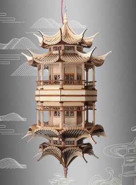 新中式创意实木古建筑模型亭子造景悬挂镜N像吊饰样板房酒店摆件