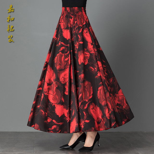Autumn and winter new style red versatile retro printed w half length skirt women's dance skirt large size high waist a line large hem skirt