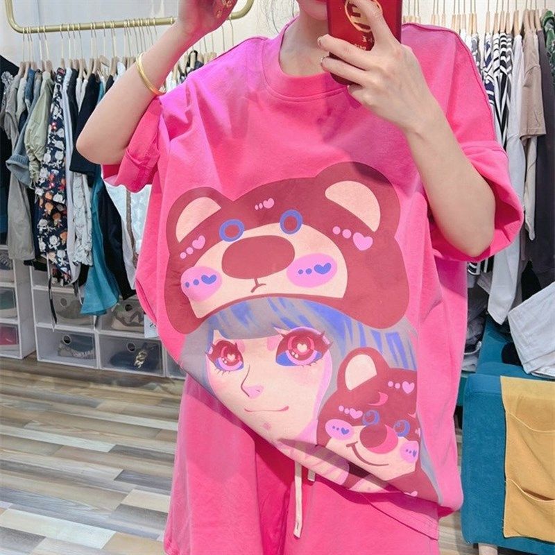 十三行大码女装300斤胖mm卡通印花短袖T恤女宽松上衣短裤遮肉套装,淘宝优惠券,粉丝福利购,淘宝优惠卷