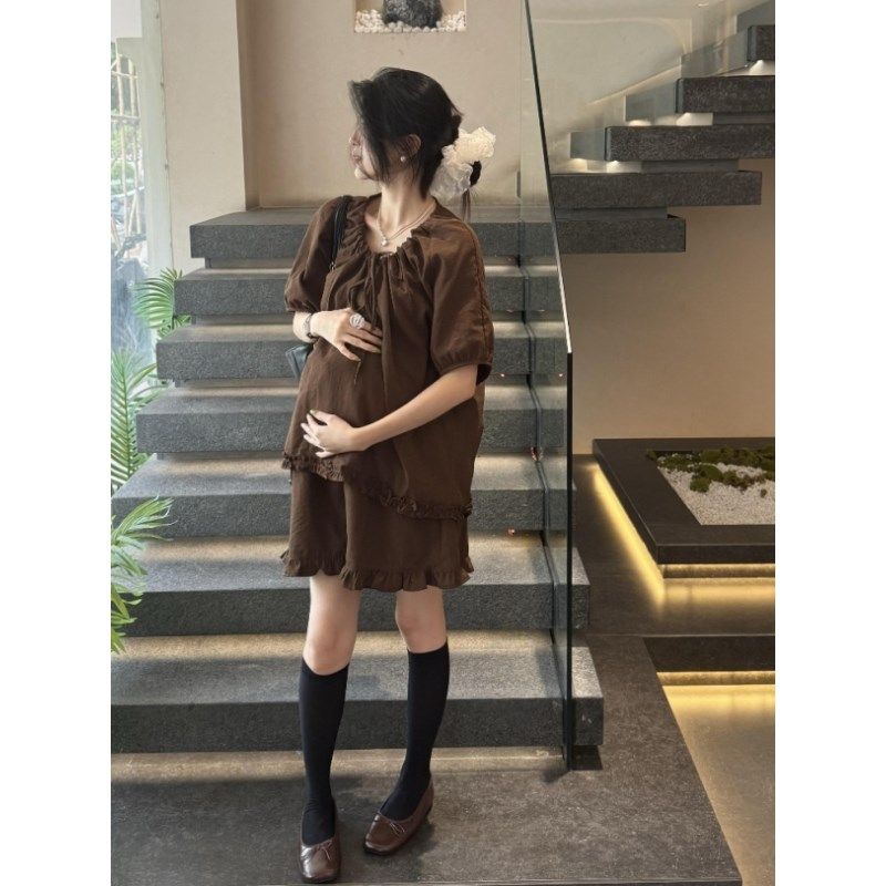 时尚孕妇装夏季新款短袖纯色宽松V领上衣休闲洋气2025短裤两件套,淘宝优惠券,粉丝福利购,淘宝优惠卷