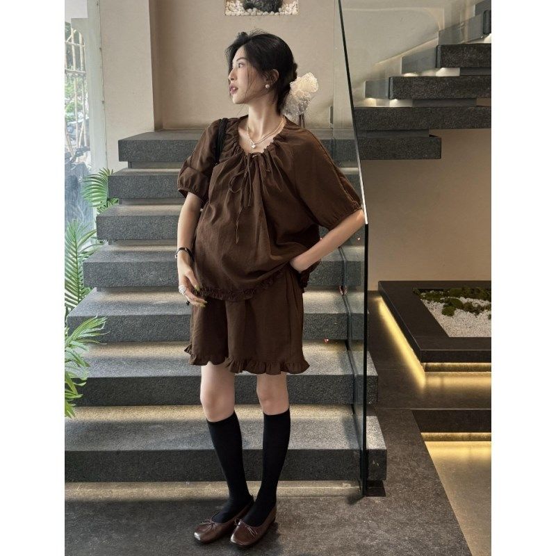 时尚孕妇装夏季新款短袖纯色宽松V领上衣休闲洋气2025短裤两件套,淘宝优惠券,粉丝福利购,淘宝优惠卷