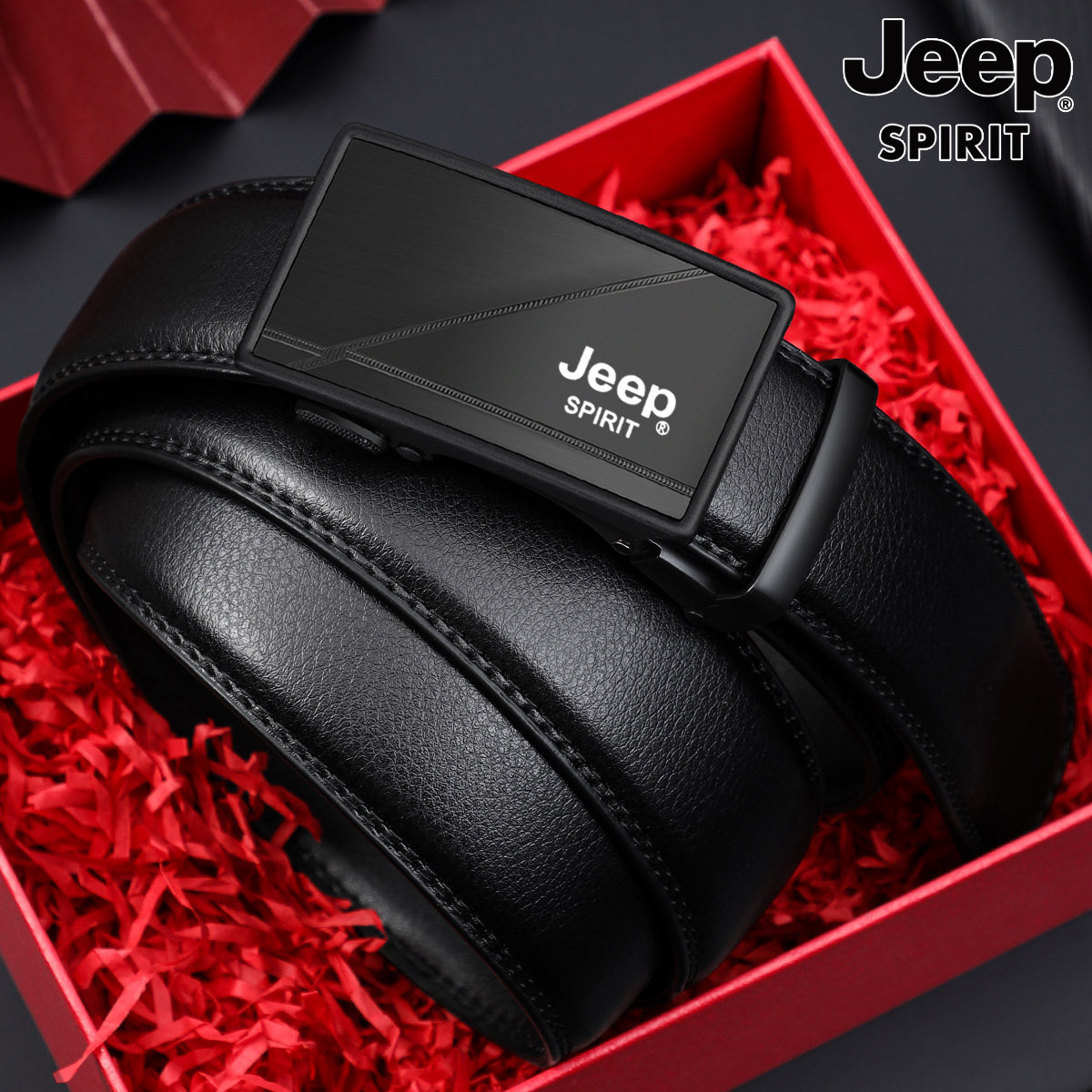 Jeep男士真皮皮带自动扣商务休闲百搭简约款光面黑色腰带2026年