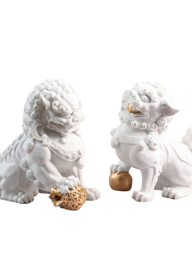 新中式招财砂岩白色狮子摆件样板房客厅玄关书Q柜售楼处风水装饰