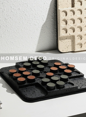 现代书房侘寂风洞石棋盘艺术装饰托盘摆件样板间民W宿酒店桌面摆