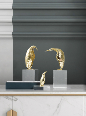 rzone 现代轻奢水晶黄铜小鸟企鹅工艺品摆件样板房书房.柜软装饰