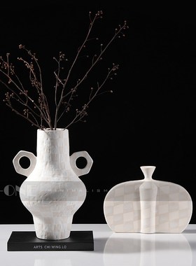 侘寂风花a瓶复双耳鎏银白色花瓶家居装饰品民宿日式手工素陶瓷摆