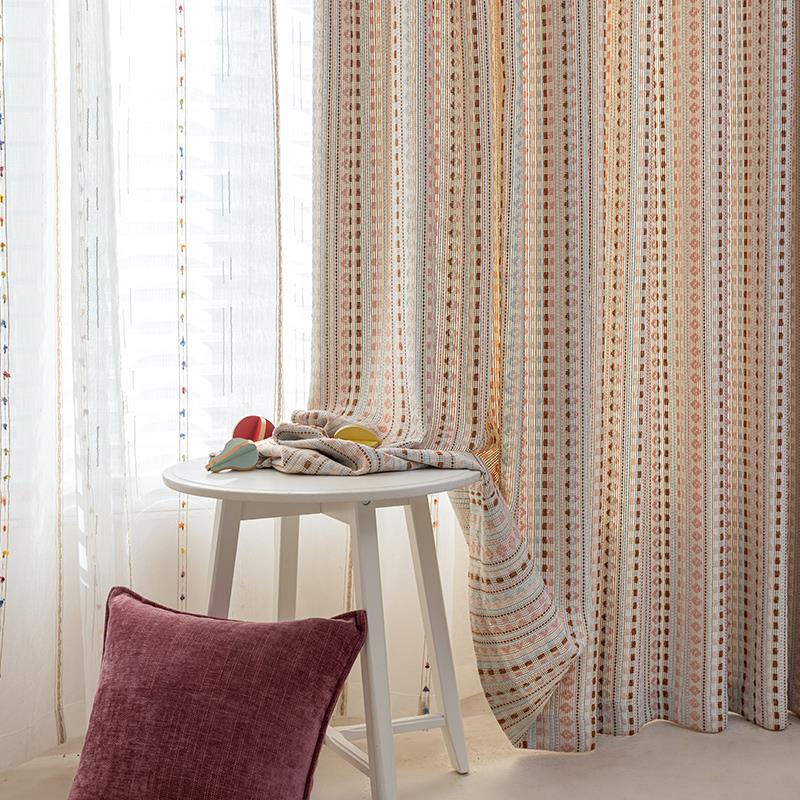 费尔岛儿童房多巴胺彩色棉麻窗帘客厅女孩卧室飘窗条纹遮光布ins - 图1