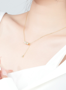 原创S925纯银竹节猫眼石锁骨链