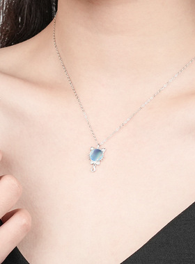 新款猫咪项链女s925纯银镶嵌月光