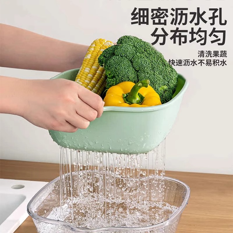 双层洗菜盆沥水篮八件套厨房客厅家用洗水果盘简约塑料淘菜菜篮子