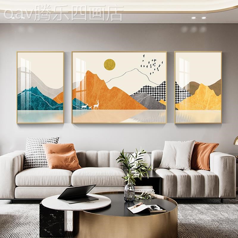 网红金日照山厅装k饰画现象代客沙发背约墙挂画新中式景抽山水三 - 图0