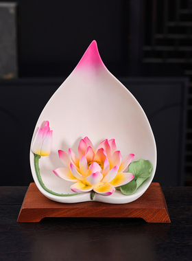 禅意一路连升陶瓷莲花摆件 手工瓷花中式客厅玄关佛前装饰工艺品
