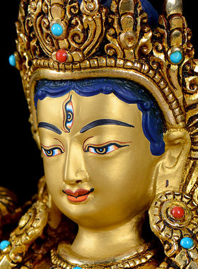 白度母铜b铜像 7寸尼泊尔全鎏金雕花家用桌面铜像摆件室内铜像