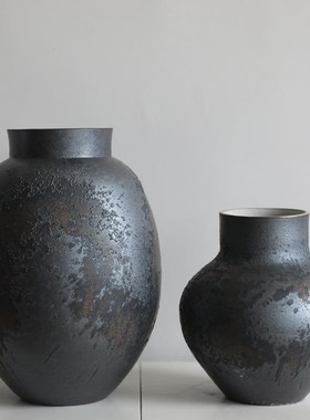 Atpeun景德镇l高级感侘寂风枯枝复古粗陶瓷花瓶器做旧大圆罐日式