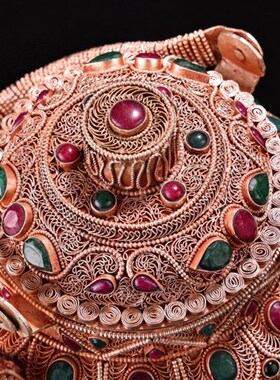 旧藏收藏传工艺打造花丝工艺镶嵌宝石藏银茶壶W古玩老货收藏