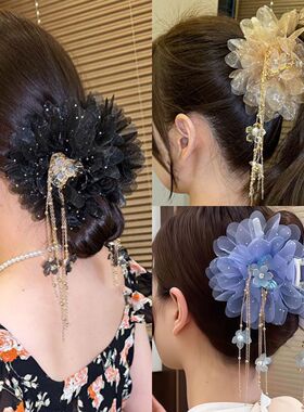2026新款蓝色吻花蝴蝶抓夹高级流苏后脑勺花朵女头饰发夹